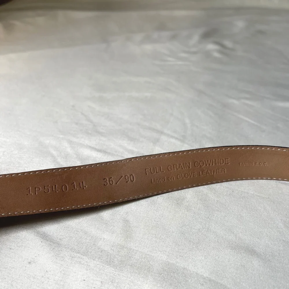 Vintage Full Grain Cowhide Leather Belt Engraved Silver Buckle Western Size 36